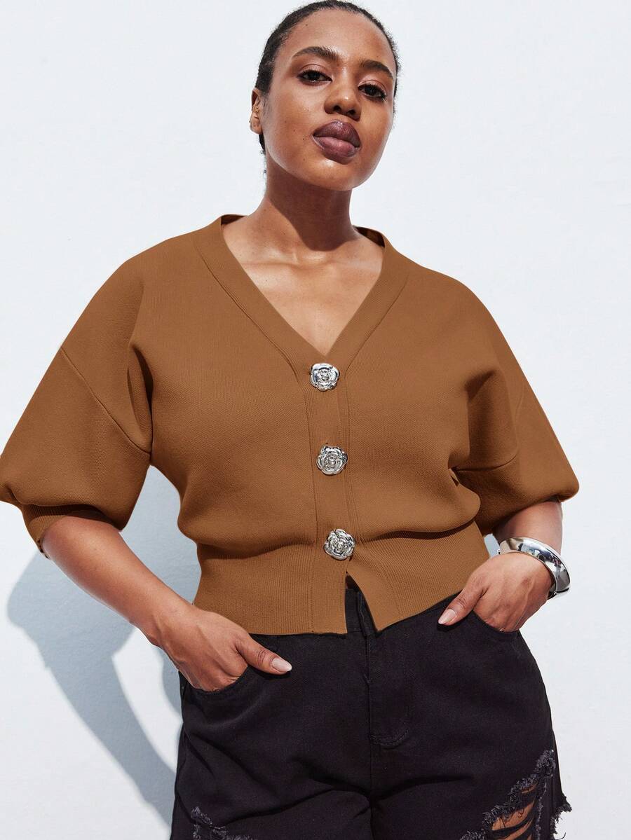 Maija Plus Size Women V-Neck Drop Shoulder Short Sleeve Casual Cropped Cardigan Knit Top, Versatile For Urban Commute, Business Casual, Elegant Outfit