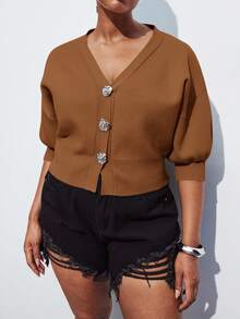 Maija Plus Size Women V-Neck Drop Shoulder Short Sleeve Casual Cropped Cardigan Knit Top, Versatile For Urban Commute, Business Casual, Elegant Outfit