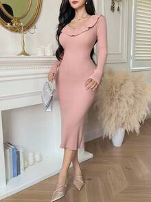 DAZY Elegant V-Neck Ruffle Trim Fitted Sweater Dress, Suitable As Undershirt Or Layering Piece With Coats, Autumn/Winter - Pink - View 4