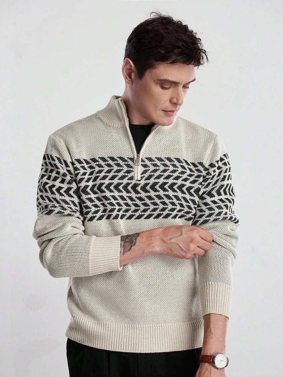 Manfinity Homme Áo len chui đầu tay dài cổ khóa kéo họa tiết hình học cho nam Sumwon Twilight, Thu Đông - trắng - Xem 1