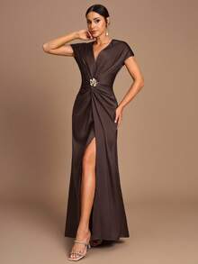 SHEIN Belle Elegant Romantic Coffee Color Pleated Short Sleeve A-Line Split Bridesmaid Dress