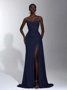 Elitara Váy maxi đuôi cá xếp nếp cạp cao, xẻ tà, màu hồng bụi thanh lịch, thích hợp cho các buổi hẹn hò mùa xuân/hè, kỳ nghỉ, tiệc độc thân, đám cưới, lễ tốt nghiệp, những dịp trang trọng - Màu xanh hải quân - Xem 1