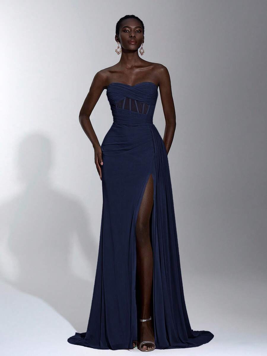 Elitara Váy maxi đuôi cá xếp nếp cạp cao, xẻ tà, màu hồng bụi thanh lịch, thích hợp cho các buổi hẹn hò mùa xuân/hè, kỳ nghỉ, tiệc độc thân, đám cưới, lễ tốt nghiệp, những dịp trang trọng - Màu xanh hải quân - Xem 1