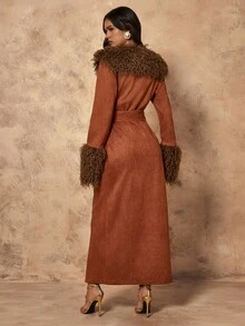 Chiquease Women's Elegant Faux Fur Collar Lined Tie-Up Jacket, Autumn/Winter - Brown - View 2
