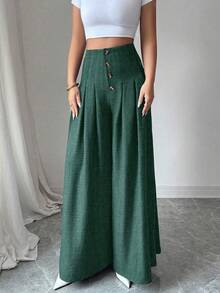 Elenzga Quần ống rộng xếp ly đơn giản màu trơn cao cấp thời trang nữ - Màu xanh lá cây đậm - Xem 3