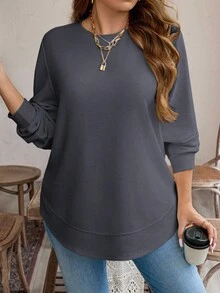 SHEIN LUNE Áo nỉ dài tay tối giản màu trơn cỡ lớn dành cho nữ mặc hàng ngày, trang phục thiết yếu cho ngày lễ - Màu xám đen - Xem 1