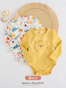 Cozy Pixies 2pcs Baby Cartoon Animal Print Soft Knit Crew Neck Long Sleeve Bodysuit, Versatile & Comfortable For Baby Boys & Girls Lion Baby Clothes Baby Clothes Cartoon Baby Clothes New Born Yellow Clothes New Born Clothes Unisex Fall Winter - Multicolor - View 1