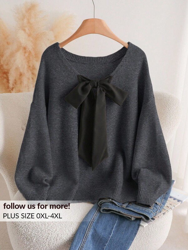 CosyJoli Plus Size Casual V-Neck Bowknot Tie Back Loose Pullover Sweater Tie Top Women Sweater Cute Sweater Bow Top Women Bow Sweater In Fall/Winter