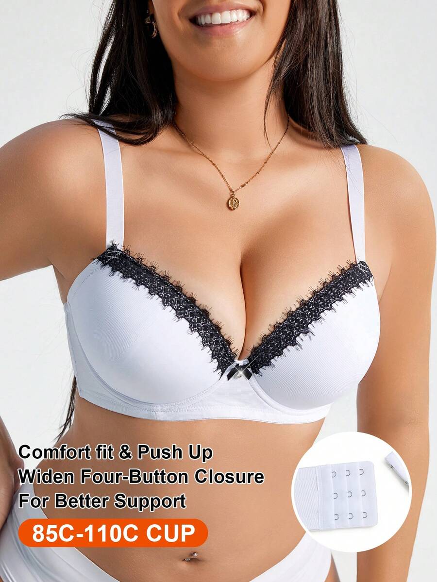 SHEIN 1pc Plus Size Women Contrast Lace Striped Wireless Adjustable Bra, Lift - Black and White - View 1