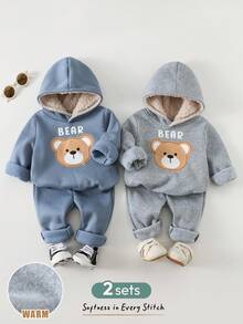 Cozy Pixies 4 Peças Conjunto de Moletom com Capuz e Calça de Cintura Elástica com Estampa de Urso Cartoon para Bebê Menino, Tecido Macio e Forro Térmico - Azul - Visão 1