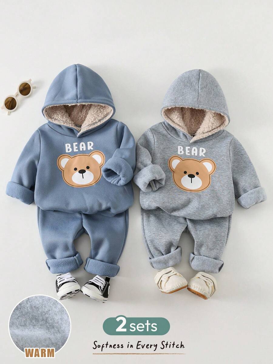 Cozy Pixies 4 Peças Conjunto de Moletom com Capuz e Calça de Cintura Elástica com Estampa de Urso Cartoon para Bebê Menino, Tecido Macio e Forro Térmico - Azul - Visão 1