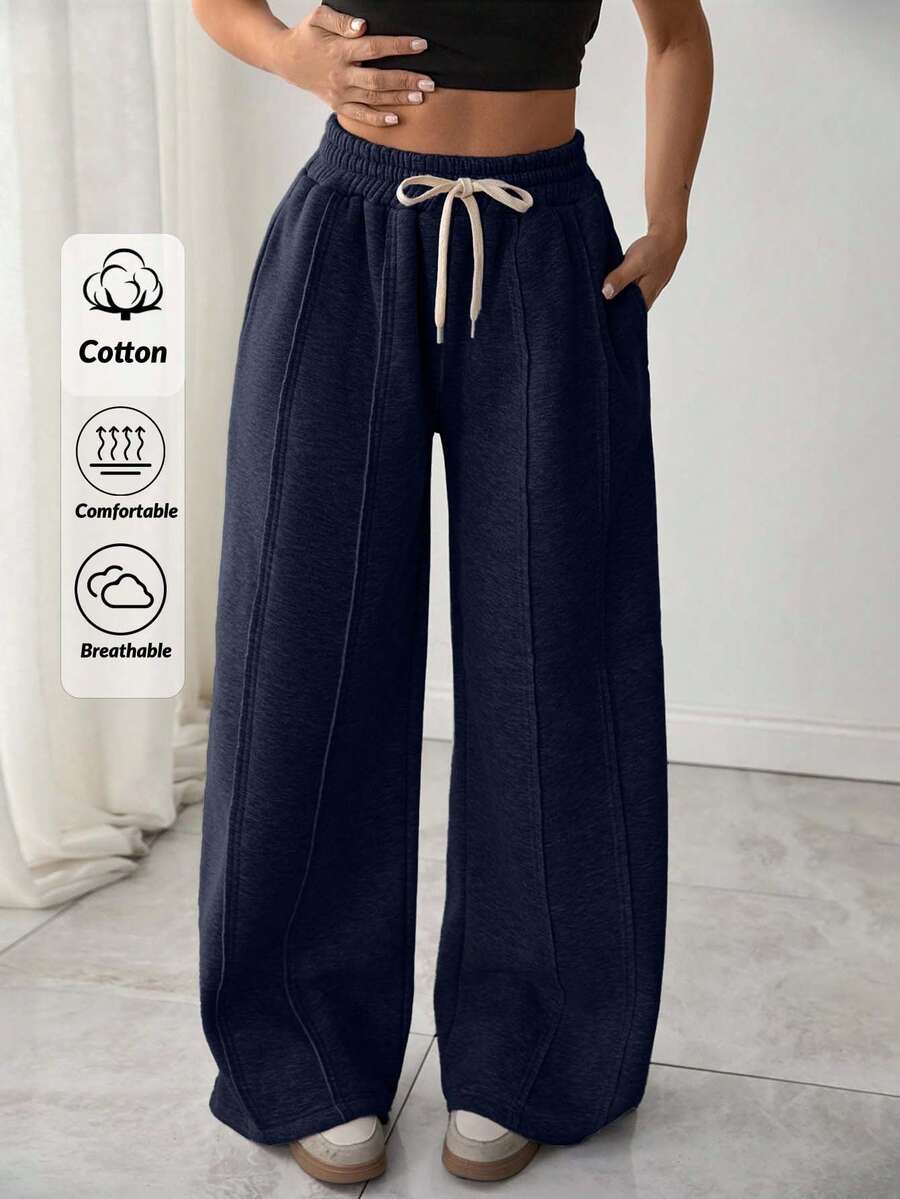 EURMUSE Quần nỉ ống rộng Plus dành cho nữ có dây rút và túi - Màu xanh hải quân - Xem 1