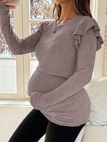 SHEIN 孕妇及哺乳期纯色荷叶边罗纹长袖上衣，秋季 - 淺粉色 - 查看 4