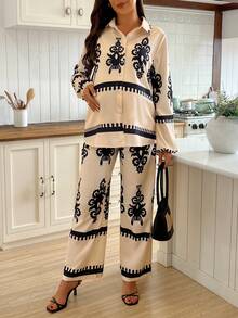 SHEIN 2件套孕妇花卉印花长袖纽扣衬衫和可调节腰部裤子休闲装 - 杏色 - 查看 4