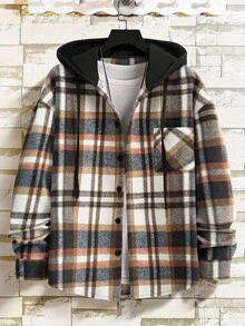 Manfinity Homme Loose Fit Men's Plaid Print Drawstring Hooded Long Sleeve Shacket (Without T-Shirt) Flannel Jacket With Hood Men Hooded Shacket Men Plaid Shacket Men Men Plaid Hooded Jacket Men Fall Shacket - Brown - View 3