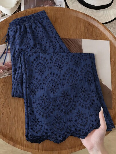 SHEIN LUNE Plus Size Woven Embroidered Casual Vacation Pants, Spring/Summer Crochet Sets For Women Pattern Pants Blue Cover Up Navy Blue Set Lace 2 Piece Set