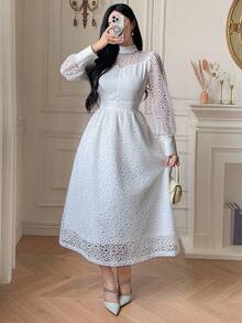 DAZY 女式立领灯笼袖收腰 A 字下摆蕾丝拼布纯色连衣裙 - 白色 - 查看 5