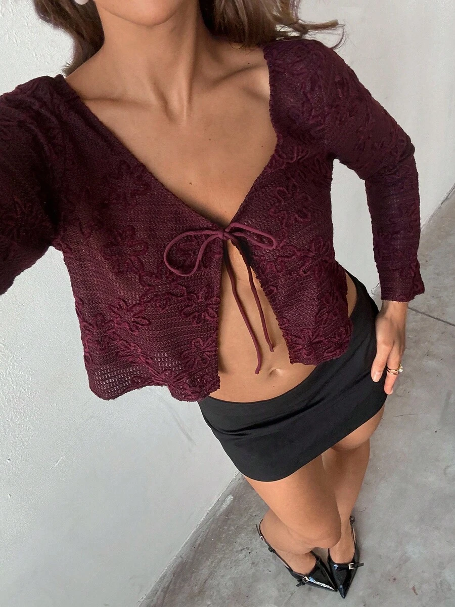 Aloruh Áo cánh tay dài cổ chữ V sâu thắt nút đính sequin thêu màu đỏ tía thời trang thu/đông mới cho nữ - Màu Đỏ Sâu - Xem 1