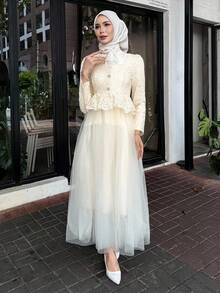 DAZY Women's Elegant Lace Patchwork Square Collar Puff Sleeve Midi Dress,Fall Dress Long Sleeve Dress - Beige - View 5