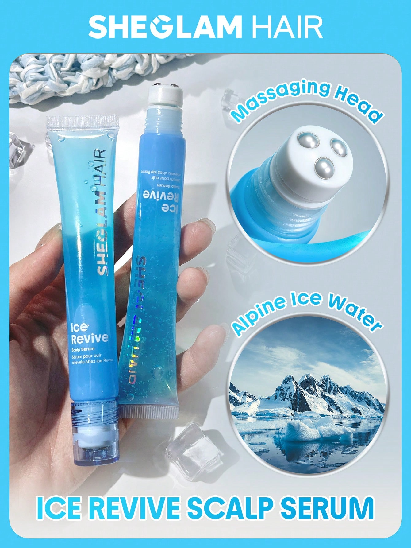 SHEGLAM HAIR مصل Ice Revive لفروة الرأس، بكرة مياه جبال الألب الباردة، بكرة مصل تدليك الشعر، تهدئة فروة الرأس وتقوية جذور الشعر، و...