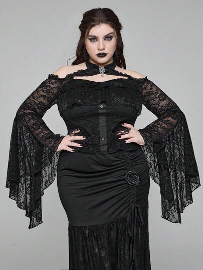 EDITION Blusa ajustada con hombros descubiertos y mangas acampanadas de encaje en talla grande para mujer