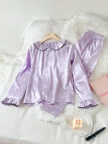2pcs/Set Teen GirlCute Butterfly Jacquard Long Sleeve Top And Pants Elegant Loungewear Girls Satin Pajamas Purple Pajamas Set Purple Pjs For Girls Fall Winter - Mauve Purple - View 8
