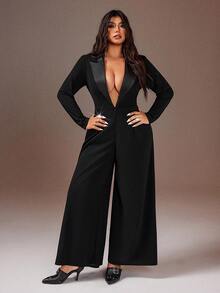 Rustia Plus-Size Women's Sexy Deep V-Neck New Year Party Jumpsuit - Black - View 6