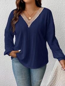 SHEIN Frenchy Áo thun tay dài cổ chữ V viền ren màu tương phản cỡ lớn - Xanh đậm - Xem 3