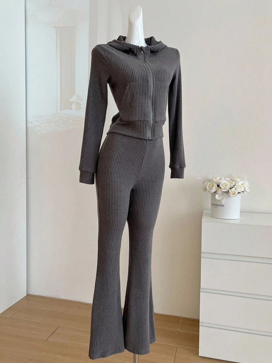 Conjunto de 2 piezas de ropa deportiva de punto casual de otoño gris estilo coreano para adolescentes, sudadera holgada y chic ajustada & pantalones acampanados - Gris Oscuro - Ver 1