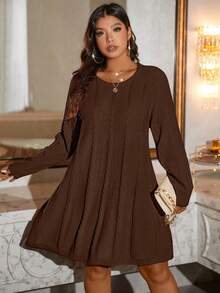 SHEIN LUNE Plus Size Solid Color Knit Casual Dress, Autumn/Winter - Brown - View 3