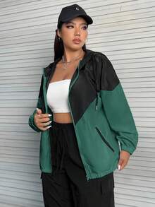 SHEIN EZwear Plus Size Color Block Drawstring Hooded Black & Green Jacket Winter Fall Autumn - Multicolor - View 3