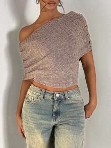 EgrlEra Áo dệt kim trễ vai phong cách đường phố retro thường ngày dành cho nữ, thích hợp cho mùa thu đông. - màu nâu - Xem 5