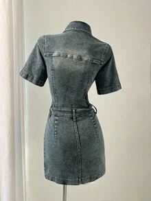 Elamini 女式休闲水洗纽扣前短袖牛仔连衣裙，夏季 - 藍色 - 查看 2