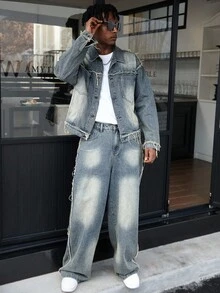 Manfinity EMRG Men Plus Size Vintage American Street Style Distressed Loose Denim Jacket & Baggy Wide Leg Jeans Y2k, Fall Clothes - Blue - View 6