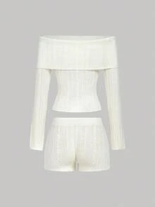 SHEIN MOD 女士优雅露肩立体花卉毛衣短裤两件套，圣诞女装，白色两件套，白色半身裙套装，米色两件套，女士冬季毛衣，睡衣派对装，露肩上衣，超短裤，感恩节女装，派对装，休闲女装，外出装，新年装 - 白色 - 查看 2