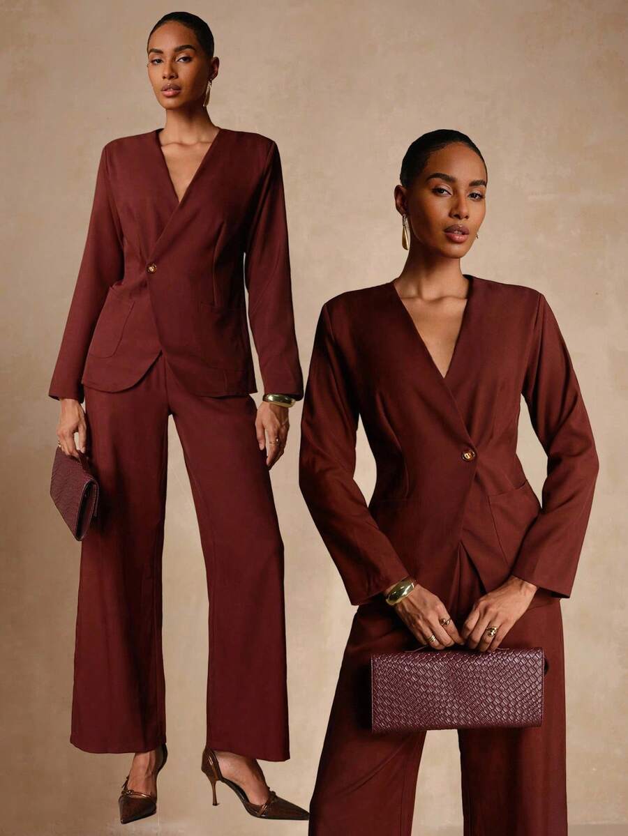 Lyxana Women's Casual Solid Color Single-Button Top & Pants 2 Pieces Set - Brown - View 1