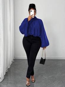 Maweii 大码女式优雅纯色立领灯笼袖褶皱宽松衬衫，秋季 - 藍色 - 查看 3