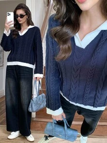 Elyressa Áo len dài tay cổ trễ vai màu tương phản thường ngày cho nữ, Thu/Đông - Xanh đậm - Xem 1