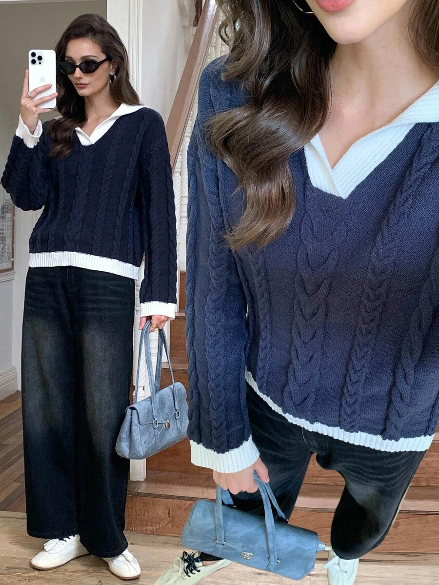 Elyressa Áo len dài tay cổ trễ vai màu tương phản thường ngày cho nữ, Thu/Đông - Xanh đậm - Xem 1