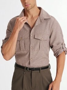 Manfinity Dauomo Men's Casual Solid Color Roll Tab Sleeve Shirt With Flap Pockets, Spring/Autumn - Brown - View 5