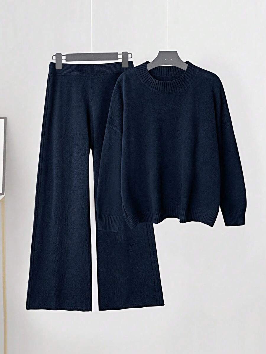 Linhara Plus Size Women Knitted Wool Sweater Loungewear Set, Coffee Color - Navy Blue - View 1