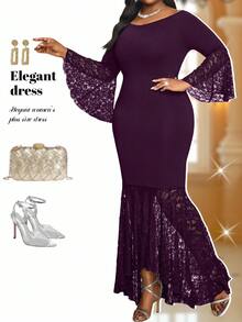Fleurora 2025 New Plus Size Women Purple Solid Color Scoop Neck Flare Sleeve Lace Patchwork Fitted Fashion Dress Stylish Clothing Collection Elegant Dresses For Party