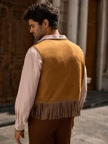 HIMLAND Men's Casual Suedette Rivet Fringe Vest, For Fall, Winter, Spring, Outdoor - Khaki - View 2