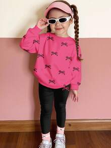 Happikins 2pcs/Set Young Girl Casual Cute Bow Decor Thick Soft Loose Crew Neck Long Sleeve Sweatshirt And Skinny Leggings, Suitable For Autumn & Winter - Multicolor - View 4
