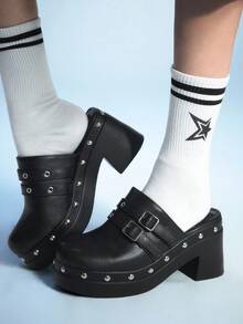 Sugerpunk 女士复古扣带高跟凉鞋，时尚休闲粗跟穆勒鞋 - 黑色 - 查看 6