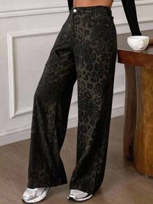 Livesso Jeans casuales de talle alto con estampado de leopardo para mujer, otoño - Marrón - Ver 3