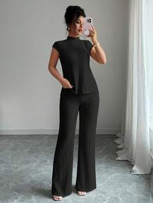 SHEIN PETITE 2件組女款夏季極簡純色立領上衣與長褲套裝，適合嬌小女性 - 黑色 - 查看 3
