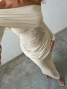 Aloruh Đầm dự tiệc hở vai, xẻ eo thanh lịch dành cho nữ, màu be - Màu be - Xem 2