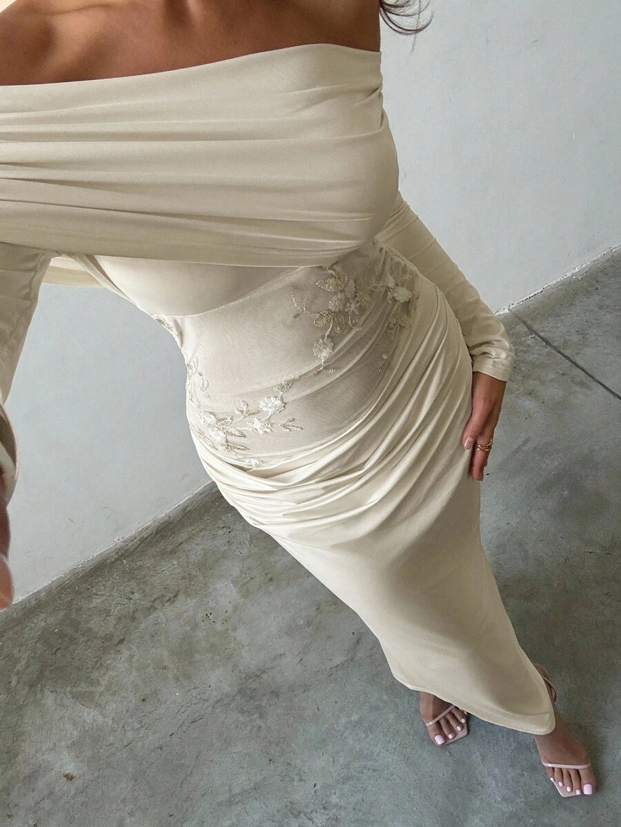 Aloruh Đầm dự tiệc hở vai, xẻ eo thanh lịch dành cho nữ, màu be