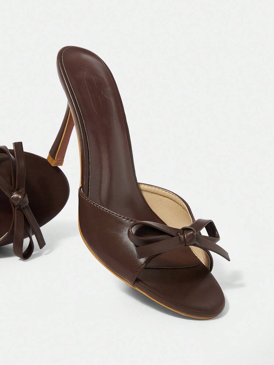 SHEIN X Belle Mariano CUCCOO CHICEST Women's Brown Pu Open Toe Mules With Stiletto Heels Vacation Shoes Summer Elegant Sandals Spring Shoes Spring Break Easter Prom Heels For Christmas - Brown - View 1
